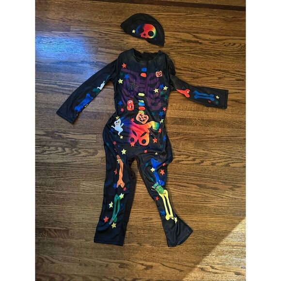 Skeleton Costume Size large 8-10 spooky bones one piece jumpsuit with hat - Picture 2 of 5